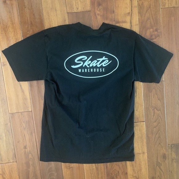 Skate Warehouse Traditional T-Shirt Black Super Max Heavy Front Back Logo Size L - Picture 6 of 9